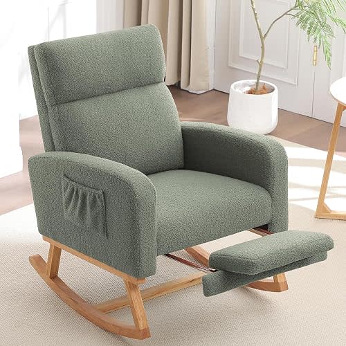 HCHAIRH Rocking Chair Nursery with Foot Rest, Nursing Rocking Chairs for Mom Nursery, Teddy Rocker Glider with High Backrest for Living Room, Bedroom, Teddy Green
