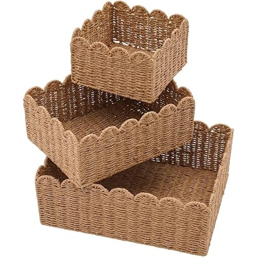3 Pcs Scalloped Rattan Baskets with Lids, Woven Wicker Storage Baskets with Lids for Organizing, Scalloped Edge Baskets for Nursery, Bathroom, Medium, Large, Small, Oval