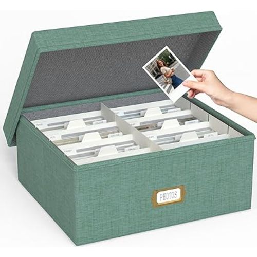 Decorative Photo Storage Box - Linen Photo Box Organizer with Dividers, Fits Holds Up to 1700 Pictures and 4x6 Photos, Memory Keepsake Organizer for Photos, Scrapbook Supplies, Cards, Stamps (Green)