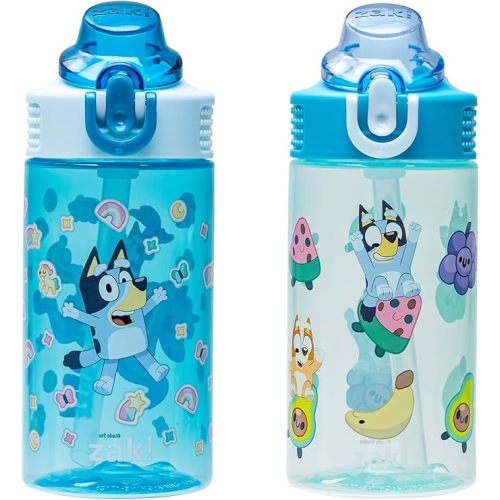 Zak Designs Bluey Sage Kids Water Bottle For School or Travel, 16oz Durable Plastic Water Bottle With Straw, Handle, and Leak-Proof, Pop-Up Spout Cover, 2-Pack Set (Bluey & Bingo)