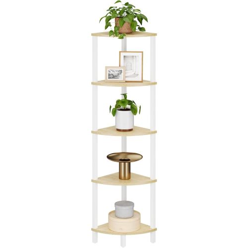VIMBER Corner Shelf, 5-Tier Corner Bookshelf, Industrial Corner Ladder Shelf, Modern Display Shelf for Living Room, Bedroom, Kitchen, Home Office, White UJSJ001W