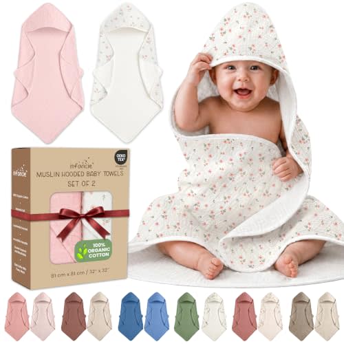 OEKO TEX 100% Organic Cotton 2 PK Muslin Baby Hooded Towels Newborn 32x32in | Oeko-TEX Certified, Bath & Hooded Towels, Toddler Towels With Hood, Toddler Bath Towels, Blush & Ivory Floral For Baby