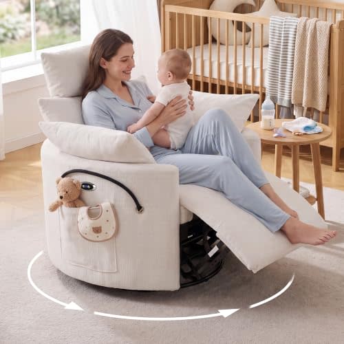 Chenille Power Recliner Nursery Chair with USB and 2 Side Pockets, White | Headrest Adjusts 44" and tilts 55°, 300° Silent Swivel, 30° Rocking, Gentle Glider, Phone Holder, 2 Pillows, USB Port, 400LBS