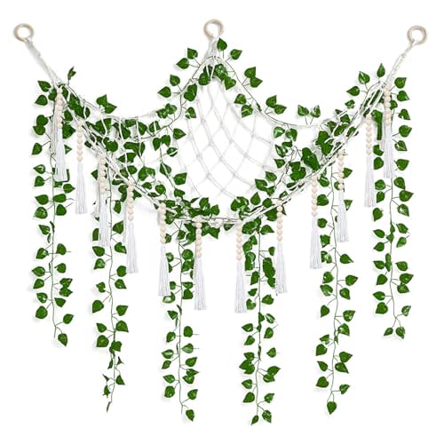 Suncalla 1 Pcs Large Stuffed Toy Storage Net Hammock Corner with Fake Vines Artificial Ivy Garland Bedroom Aesthetic Decor for Kids Baby Nursery Essentials Wall Bedroom Home Decor (White)
