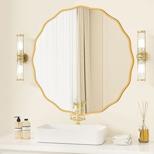 Round Mirror for Wall Decorative 28 inch Modern Gold Wavy Mirror Whit Wood Frame Circle Wall Mirror for Bathroom Bedroom Living Room Home House Office Entryway