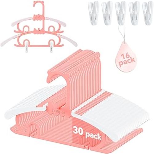 30 Pack Baby Hangers,with 16 Detachable Clips Adjustable 11.14"-15.55", Stackable Kids Closet Hangers, Two Bottom Grooves for Secure Clip Placement.Fits Newborns,Toddlers, Children & Teens(Pink)