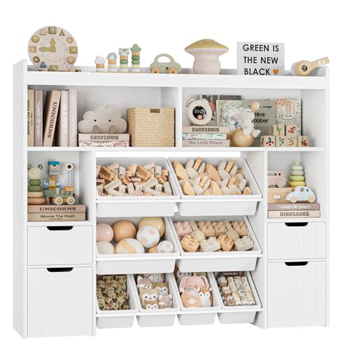 HORSTORS 55" W Toy Storage Organizer with Drawers, Large Kids Toy Storage Box with Removable Bins, Tall Kids Bookshelf and Bookcase for Boys and Girls, Modern Toy Chest for Playroom, Classroom, White