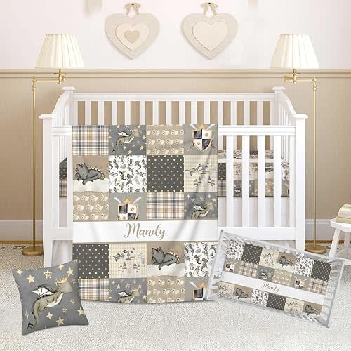 Personalized Baby Crib Bedding Set for Boys, Custom Name 3 Piece Nursery Bedding with Soft Flannel Blanket, Fitted Crib Sheet & Pillowcase, Flying Dragon Baby Bedding