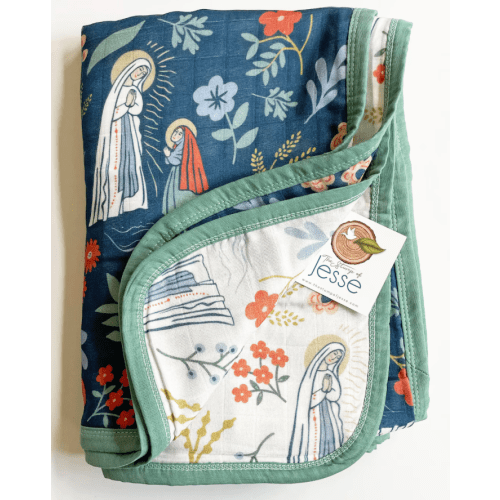 Our Lady of Lourdes St Bernadette Luxury Double Sided Muslin 8 Layer Quilt Catholic Baby Blanket Baptism Gift 47x47 Bamboo Navy Beige French