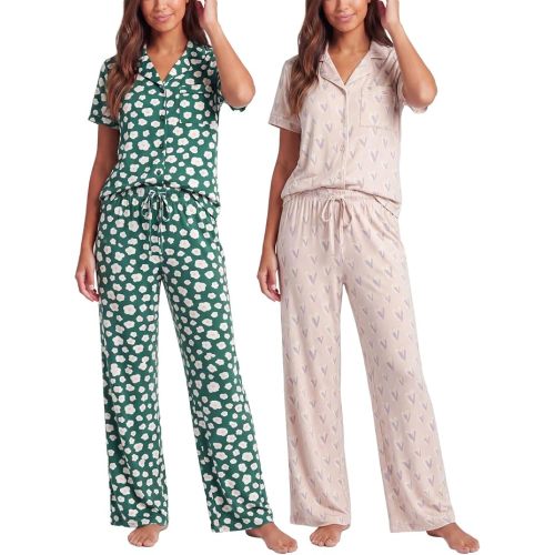 2 Pack Women's Pajama Sets Lounge Set 2 Piece Button Up PJ Sleepwear Ladies