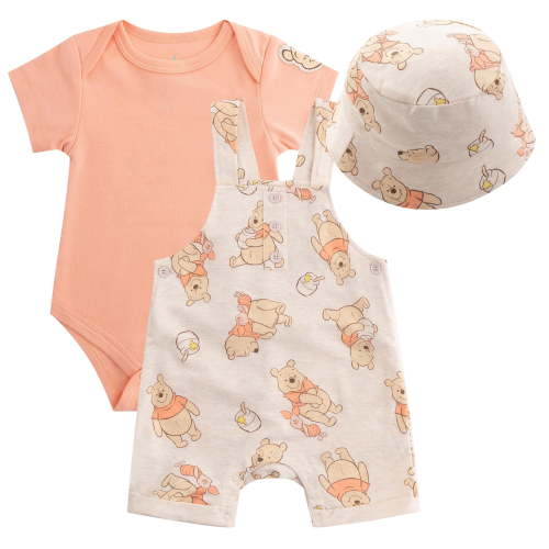 Disney Winnie the Pooh Shortall French Terry Overalls Bodysuit and Bucket Hat (Baby Boys), 3 Piece Set, Sizes 3M-18M