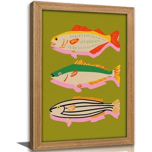 Framed Colorful Fish Wall Art, Modern Abstract Marine Life Painting Canvas Print, Vibrant Coastal Wall Decor, Sardines Poster Artwork for Dining room Kitchen Office, 8x11in