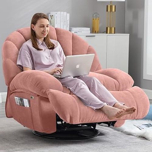 Power Recliner Chair Swivel, Comfortable Soft Fabric Shell Shape with Storage 360 Swivel Electric Big Tall Single Reclining Sofa for Adults Living Room Bedroom (ET-Pink)