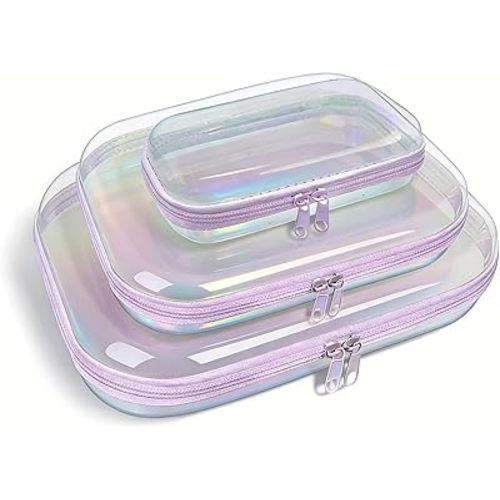 Clear Hard Shell Zipper Case,3PCS Transparent Clear Laser Zipper Pouches,Hard Side Plastic Case Set,Portable Travel Storage Organizer Bins