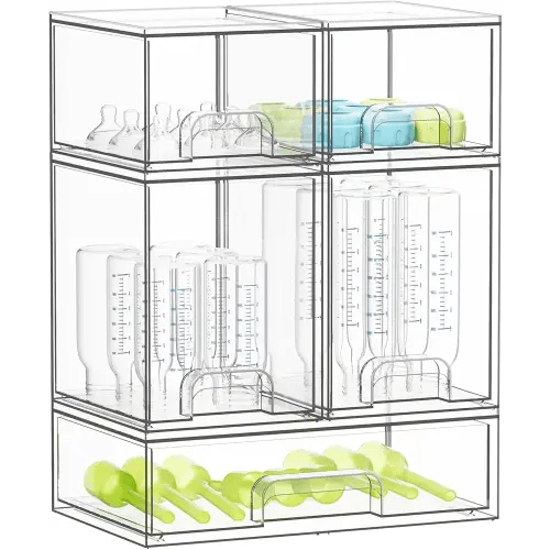 SpaceAid Bottle Storage Organizer Baby - Acrylic Bottles Station Organizer Container, Stackable Clear Drawers for Countertop, Vanity, Bathroom, Cabinet, Pantry Organization, 5 Pack, 2S2M1L, 15.4" H