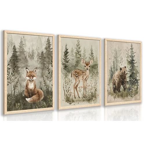 kilamino Wood Framed Woodland Animal Nursery Wall Art, Cute Fox Bear Deer Wall Decor, Neutral Wildlife Animal Art Prints, Funny Nature Forest Animal Canvas Paintings for Baby Room Playroom 16"x24"x3