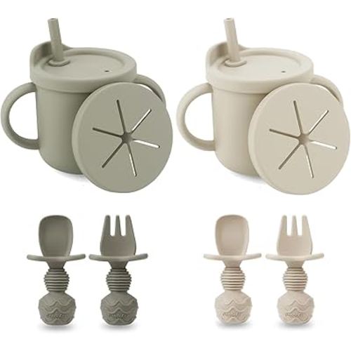 PandaEar 2 Pack Silicone Baby Straw & Snack Cup with 2 Spoons 2 Forks, Dual-Purpose Toddler Training Cups, Light Tan/Walnut