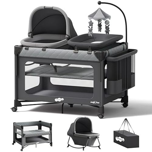 Pamo Babe Pack and Play with Bassinet - 7 in 1 One-Step Setup Bedside Crib, Portable Playpen, Travel Crib, Baby Playard with Diaper Changing Station, Toy Bar & Large Storage Bag