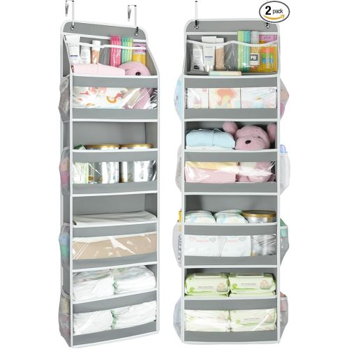 Yecaye 5 Tier Over the Door Organizer, Swing-proof Door Organizer Hanging with Clear PVC Windows, Behind the Door Storage for Bedroom Nursery Closet Laundry Pantry Bathroom, Grey