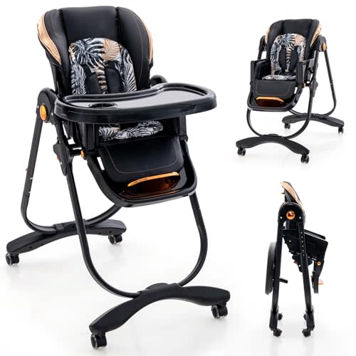 BABY JOY High Chair, Foldable Baby High Chair with Adjustable Height, Backrest & Footrest, Double Removable Tray, Portable Chair with Wheels for Babies & Toddlers of 6-36 Months (Black)