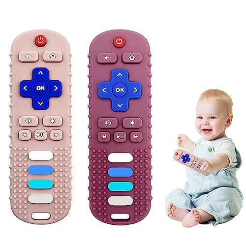 ERSIHUA 2-Pack Baby Teething Toys-TV Remote Control Shape Silicone Infants Teething Toys for Babies 0-18 Months,BPA-Free (Khaki+Red)