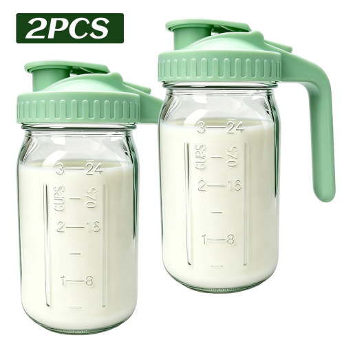 WLGJL 2pack of 32oz Glass Pitcher with Lid - 1 Quart Breastmilk Pitcher Double Leak Proof, Creamer Container for Sun Tea, Juice, Cold Brew Coffee, Breastmilk Storage Container (Green)