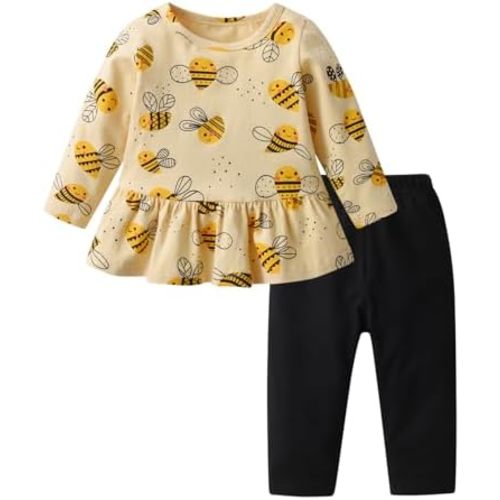 Eghunooy Baby Girls Clothes Set 2 Piece Long Sleeve Cartoon Pattern Infant Outfits