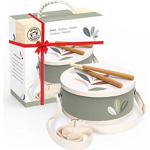 SPEEDY MONKEY Kids Drum Set – FSC Wooden Baby Drum Kit with Adjustable Strap & 2 Drumsticks, Colorful Toddler Percussion Instrument for Rhythm & Music, Fun Preschool Musical Toy for Boys & Girls