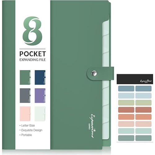 Sooez Elegant Accordion File Organizer, 8 Pocket Expanding File Folders with Labels, Portable Folder for Documents, Cute Paper Organizer for School Office Supplies, Letter Size, Dark Green