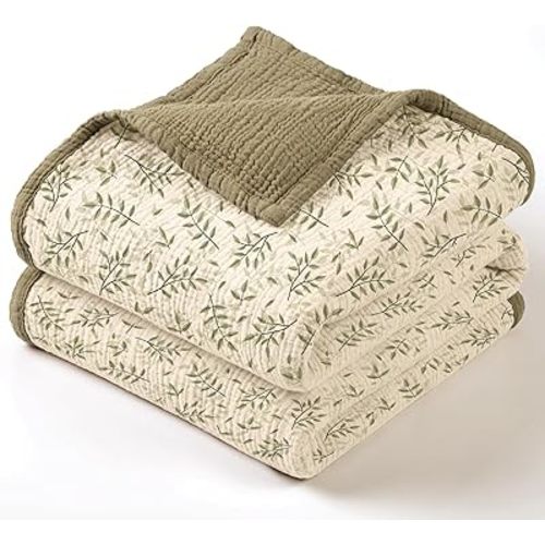 lulumoon Muslin Baby Blanket for Boy: Cotton Toddler Blanket - Soft Lightweight for Nursery & Daycare 47"× 47"(Olive Branches)