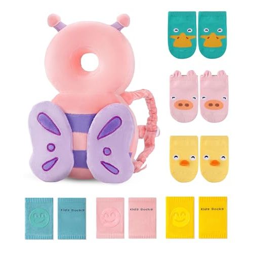 JunNeng Toddler Baby Head Protector Backpack for Toddler Walker with Knee Pads&Anti-Slip Socks, Butterfly