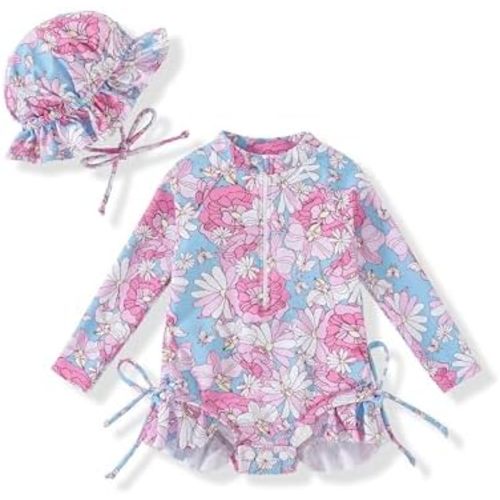 Vibebox Baby Girl Swimsuit Drawstring Zipper Bathing Suit Toddler Girls Long Sleeve One-Piece Rash Guard Swimsuits with Hat