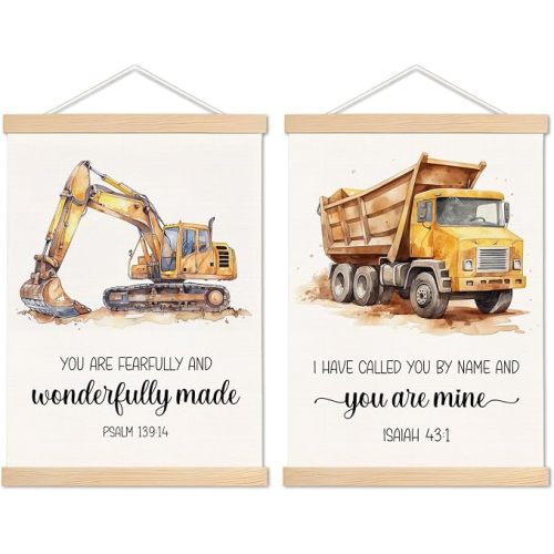 Construction Decor for Boys Room, Construction Truck Christian Wall Art With Wooden Poster Hanger, Bible Verse Scripture Wall Art Decor for Toddler Boy Room Playroom, 12.5x17 Inch Set of 2