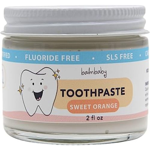 Kids All Natural Fluoride Free Toothpaste – SLS Free Toothpaste with Xylitol, Vegan Gluten Free, Glass Jar Zero Waste Teeth Paste (Orange)