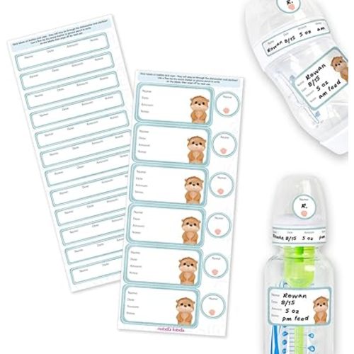 Mabel’s Labels Baby Bottle Labels – 24 Customizable Write-and-Wipe Name Labels for Daycare, Milk Storage & Bottles – Reusable, Dishwasher, Sterilizer & Microwave Safe – Baby Otter