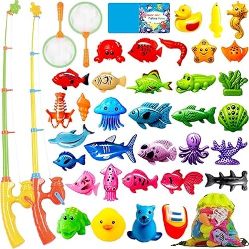 CozyBomB™ Magnetic Fishing Toys Game Set for Kids | Water Table Bathtub Kiddie Pool Party & Pole Rod Net, Plastic Floating Fish Toddler Color Ocean Sea Animals Birthday Age 3 4 5 6 Year