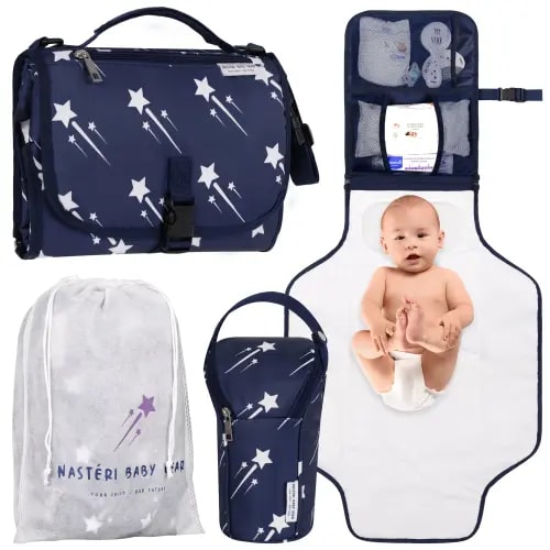 Nasteri Baby Gear Extra Large Portable Diaper Changing Pad with Memory Foam Pillow & Insulated Bottle Bag – Waterproof Portable Baby Changing Station for Girls & Boys - Navy