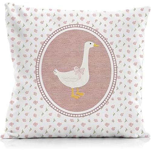 Pink Floral Goose Pillow Cover 18x18, Goose Nursery Decor, Rustic Cottagecore Farm Animal Decorative Throw Pillow Covers Cases for Baby Girls Nursery Kids Room Home Bedroom