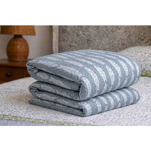 Indigo Fish Kantha Quilt, Hand-Stitched Cotton Reversible Bedspread