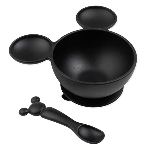 Bumkins Disney Mickey Mouse Bowl, Silicone First Feeding Set with Suction, Includes Spoon, Training Essentials for Baby-Led Weaning, Toddler Self-Feeding, Babies Eating at 4 Mos Up, Black
