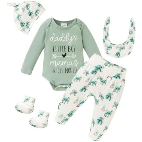 GRNSHTS Newborn Baby Boy Clothes Letter Print Romper+Animal Pants+Mouth watering towel+Socks With Hat Coming Home Outfits