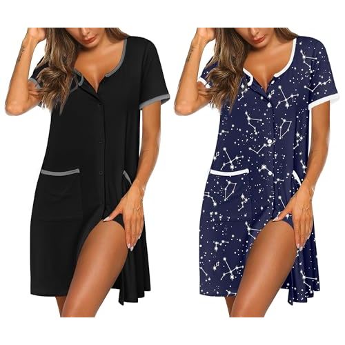 Ekouaer Nightgowns for Women 2 Pack Button Down Sleep Shirts Short Sleeve Nightshirt Sleepwear House Dress with Pockets