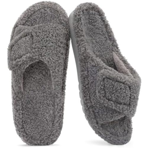 Litfun Womens Fuzzy Arch Support Slippers Orthopedic Comfy Adjustable Open Toe House Shoes