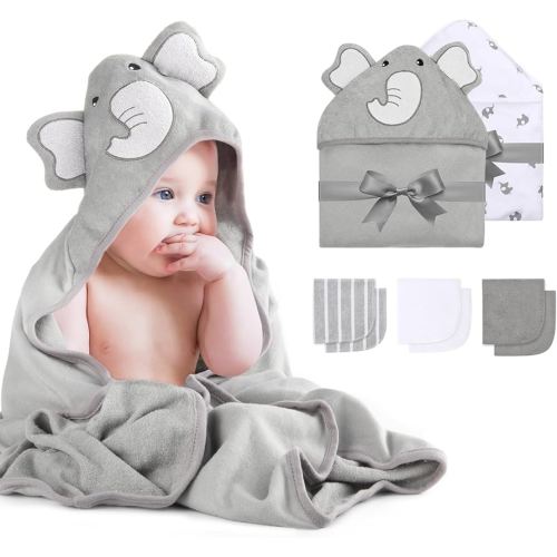 Momcozy Cute Elephant Hooded Baby Towel- 8 Piece Bath Essential, 2 x Towels and 6 x Wash Cloth Set- Perfect Shower Gift for Boys or Girls - Soft and Comfort for Newborn, Infant and Toddler