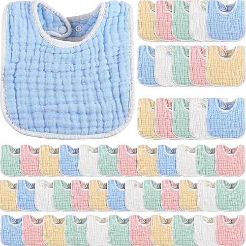 Tatuo 50 Pcs Muslin Baby Bibs Bulk Muslin Cotton Teething for Boy Girls Burp with Snap, Baby Bandana Drool Absorbent Bibs for Newborn Infant Teething and Drooling, 6 Layers
