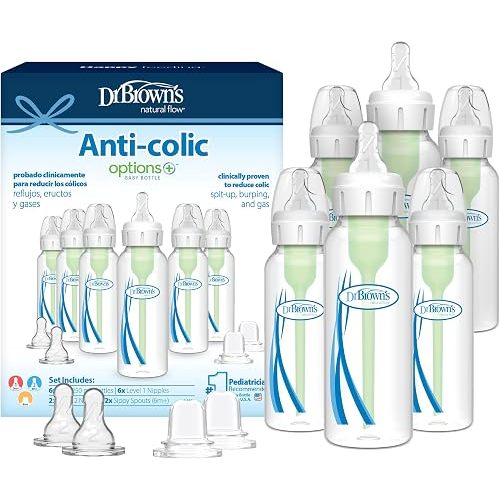 Dr. Brown's Options Plus Baby Bottles, 8 Ounce, 6 Count Plus 2 Bonus Level 2 Nipples and Sippy Spouts