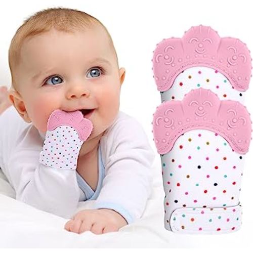 2Pack Silicone Teething Mitt, Soothing Infant Teething Mitten Pain Relief, Prevent Scratches Glove, Safe Silicone Teething Toys for 0-12 Months