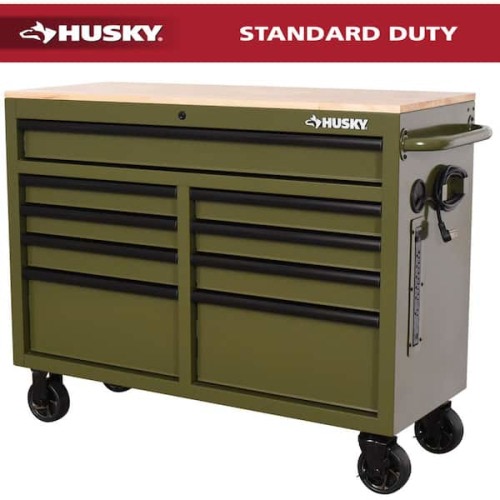 46 in. W x 18.1 in. D 9-Drawer Army Green Mobile Workbench Cabinet with Solid Wood Top