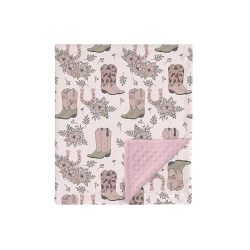 HawSkgFub Cowgirl Boots Mink Baby Blankets with Dotted Backing Girls Shower Gift, Pink Floral Boho Western Horseshoe Double Layer Nursery Swaddle, Soft Newborn Infant Toddler Bed Crib Bedding 30 x 40