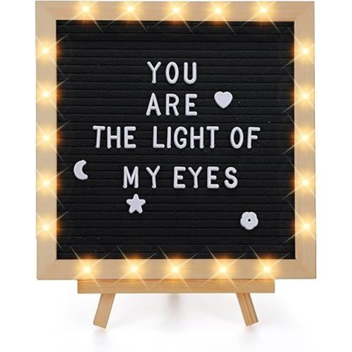 Changeable Felt Letter Board with LED Lights - 10×10" Message Custom Signs & Wood Stand & 450 Letters, Poster Board for Graduation/Baby/Pregnancy Announcement/Classroom Wall Decor Gifts, Black